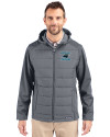 Carolina Panthers Historic Cutter & Buck Evoke Hybrid Softshell Recycled Full Zip Mens Hooded Jacket Elemental Grey Front Thumbnail Image