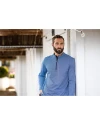 Front profile view of a man wearing an Atlas/Navy Blue Cutter & Buck Virtue Eco Pique Micro Stripe Recycled Mens Big & Tall Quarter Zip Thumbnail Image