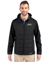 ACC Conference Cutter & Buck Evoke Hybrid Softshell Recycled Full Zip Mens Hooded Jacket Black Front Thumbnail Image