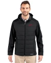 SMU Mustangs College Vault Cutter & Buck Evoke Hybrid Softshell Recycled Full Zip Mens Hooded Jacket Black Front Thumbnail Image