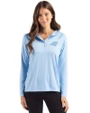 View image 1: Carolina Panthers Monochromatic Cutter & Buck Coastline Recycled Double Peached Womens Hooded Pullover Atlas Light Blue Front