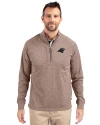 View image 7: Carolina Panthers Monochromatic Cutter & Buck Adapt Recycled Soft Knit Stretch Mens Heathered Quarter Zip Pullover  Mushroom Heather Front