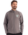 Las Vegas Raiders Monochromatic Cutter & Buck Adapt Recycled Soft Knit Stretch Mens Hybrid Full Zip Jacket Elemental Grey Front Thumbnail Image