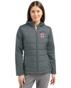 Oklahoma Sooners SEC Cutter & Buck Evoke Hybrid Softshell Recycled Full Zip Womens Hooded Jacket Elemental Grey Front Thumbnail Image