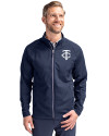 Minnesota Twins Mono Cutter & Buck Adapt Eco Knit Hybrid Recycled Mens Full Zip Jacket Navy Blue Front Thumbnail Image