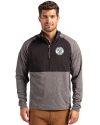 View image 7: Milwaukee Brewers Monochromatic Cutter & Buck Adapt Recycled Soft Knit Stretch Mens Hybrid Quarter Zip Pullover  Black Heather/Black Front