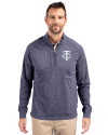 View image 4: Minnesota Twins Monochromatic Cutter & Buck Adapt Recycled Soft Knit Stretch Mens Big & Tall Heathered Quarter Zip Pullover Navy Blue Heather Front