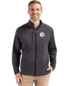 Pittsburgh Steelers Monochromatic Cutter & Buck Peshastin Recycled Grid Fleece Mens Full Zip Jacket Black Heather Front Thumbnail Image