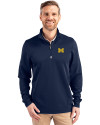 View image 4: Michigan Wolverines Cutter & Buck Traverse Recycled Smooth Stretch Mens Quarter Zip Pullover Liberty Navy Front