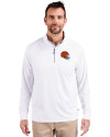 Cleveland Browns Helmet Cutter & Buck Adapt Eco Knit Stretch Recycled Mens Quarter Zip Pullover White Front Thumbnail Image