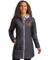Cleveland Browns Helmet Cutter & Buck Rainier PrimaLoft®  Womens Eco Insulated Hooded Long Coat Black Front Thumbnail Image