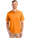 Front profile of a man wearing an Orange Burst Cutter & Buck Prospect Eco Textured Stretch Recycled Mens Short Sleeve Polo Thumbnail Image