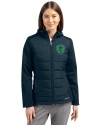 Seattle Sounders FC Cutter & Buck Evoke Hybrid Softshell Recycled Full Zip Womens Hooded Jacket Navy Blue Front Thumbnail Image