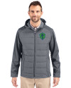 Seattle Sounders FC Cutter & Buck Evoke Hybrid Softshell Recycled Full Zip Mens Hooded Jacket Elemental Grey Front Thumbnail Image