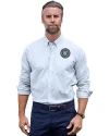 New York City FC Cutter & Buck Stretch Oxford Stripe Mens Long Sleeve Dress Shirt Light Blue Front Thumbnail Image