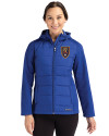 Real Salt Lake Cutter & Buck Evoke Hybrid Softshell Recycled Full Zip Womens Hooded Jacket Tour Blue Front Thumbnail Image