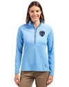 Sporting Kansas City Cutter & Buck Adapt Eco Knit Stretch Recycled Womens Half Zip Pullover Atlas Light Blue Front Thumbnail Image