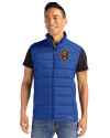 Real Salt Lake Cutter & Buck Evoke Hybrid Softshell Recycled Mens Full Zip Vest Tour Blue Front Thumbnail Image