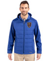 Real Salt Lake Cutter & Buck Evoke Hybrid Softshell Recycled Full Zip Mens Hooded Jacket Tour Blue Front Thumbnail Image