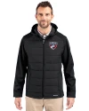 FC Dallas Cutter & Buck Evoke Hybrid Softshell Recycled Full Zip Mens Hooded Jacket Black Front Thumbnail Image