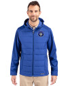 CF Montréal Cutter & Buck Evoke Hybrid Softshell Recycled Full Zip Mens Hooded Jacket Tour Blue Front Thumbnail Image