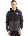 Los Angeles Rams Historic Cutter & Buck Peshastin Recycled Grid Fleece Mens Hybrid Hooded Full Zip Jacket Black Heather Front Thumbnail Image