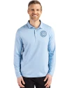 View image 1: Chicago Cubs Monochromatic Cutter & Buck Coastline Recycled Double Peached Mens Long Sleeve Polo Atlas Light Blue Front