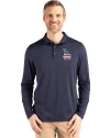 View image 1: Los Angeles Dodgers Stars & Stripes Cutter & Buck Coastline Recycled Double Peached Mens Long Sleeve Polo Navy Blue Front