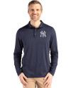 New York Yankees Cutter & Buck Coastline Epic Comfort Recycled Mens Long Sleeve Polo Navy Blue Front Thumbnail Image