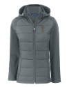 GA Tech Yellow Jackets College Vault Cutter & Buck Evoke Hybrid Softshell Recycled Full Zip Womens Hooded Jacket Elemental Grey Mannequin Thumbnail Image