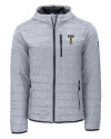 View image 3: GA Tech Yellow Jackets College Vault Cutter & Buck Rainier Recycled Insulated Puffer Mens Full Zip Hooded Jacket Polished Medium Gray Mannequin