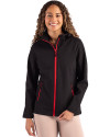 Clique Tempo Recycled Stretch Softshell Womens Hooded Jacket Black/Red Front Thumbnail Image