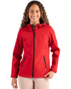 Clique Tempo Recycled Stretch Softshell Womens Hooded Jacket Red/Black Front Thumbnail Image