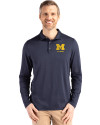 View image 7: Michigan Wolverines Alumni Cutter & Buck Coastline Recycled Double Peached Mens Long Sleeve Polo Navy Blue Front