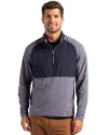 Cutter & Buck Adapt Recycled Soft Knit Stretch Mens Hybrid Quarter Zip Pullover  Navy Blue Heather/Navy Blue Front Thumbnail Image