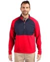 Cutter & Buck Adapt Recycled Soft Knit Stretch Mens Hybrid Quarter Zip Pullover  Red/Navy Blue Front Thumbnail Image