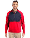 Cutter & Buck Adapt Recycled Soft Knit Stretch Mens Hybrid Quarter Zip Pullover  Red/Navy Blue Front Thumbnail Image