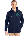 View image 7: Seattle Sounders FC Cutter & Buck Roam Recycled Buttery-Soft Knit Mens Full Zip Hooded Jacket Navy Blue Front
