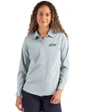 New York Jets Cutter & Buck Skyline Recycled Pinstripe Womens Long Sleeve Spread Collar Dress Shirt Hunter/White Front Thumbnail Image