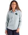 View image 4: New York Jets NFL Helmet Cutter & Buck Skyline Recycled Pinstripe Womens Long Sleeve Spread Collar Dress Shirt Hunter/White Front
