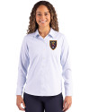View image 4: Real Salt Lake Cutter & Buck Skyline Recycled Pinstripe Womens Long Sleeve Spread Collar Dress Shirt Pale Blue/White Front