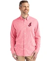 Cleveland Indians Cooperstown Cutter & Buck Skyline Epic Confidence Recycled Gingham Mens Long Sleeve Dress Shirt Red/White Front Thumbnail Image