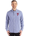 Philadelphia Phillies Cutter & Buck Skyline Epic Confidence Recycled Gingham Mens Long Sleeve Dress Shirt Tour Blue/White Front Thumbnail Image