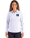Michigan Wolverines Alumni Cutter & Buck Skyline Epic Confidence Recycled Pinstripe Womens Long Sleeve Dress Shirt  Pale Blue/White Front Thumbnail Image