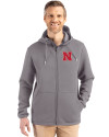 Nebraska Cornhuskers Cutter & Buck Roam Epic Versatility Recycled Mens Full Zip Hooded Jacket Elemental Grey Front Thumbnail Image