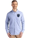 View image 4: San Jose Earthquakes Cutter & Buck Skyline Recycled Pinstripe Mens Big & Tall Long Sleeve Button Down  Dress Shirt Tour Blue/White Front
