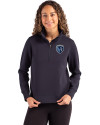 View image 7: Sporting Kansas City Cutter & Buck Roam Recycled Buttery-Soft Knit Womens Quarter Zip Pullover Navy Blue Front