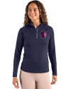 View image 7: St. Louis City SC Cutter & Buck Coastline Recycled Double Peached Womens Quarter Zip Pullover Navy Blue Front
