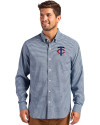 View image 7: Minnesota Twins Cutter & Buck Skyline Recycled Gingham Mens Big & Tall Long Sleeve Button Down  Dress Shirt Pale Blue/Navy Blue Front