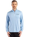 View image 1: Atlanta Braves Monochromatic Cutter & Buck Coastline Recycled Double Peached Mens Quarter Zip Pullover Atlas Light Blue Front